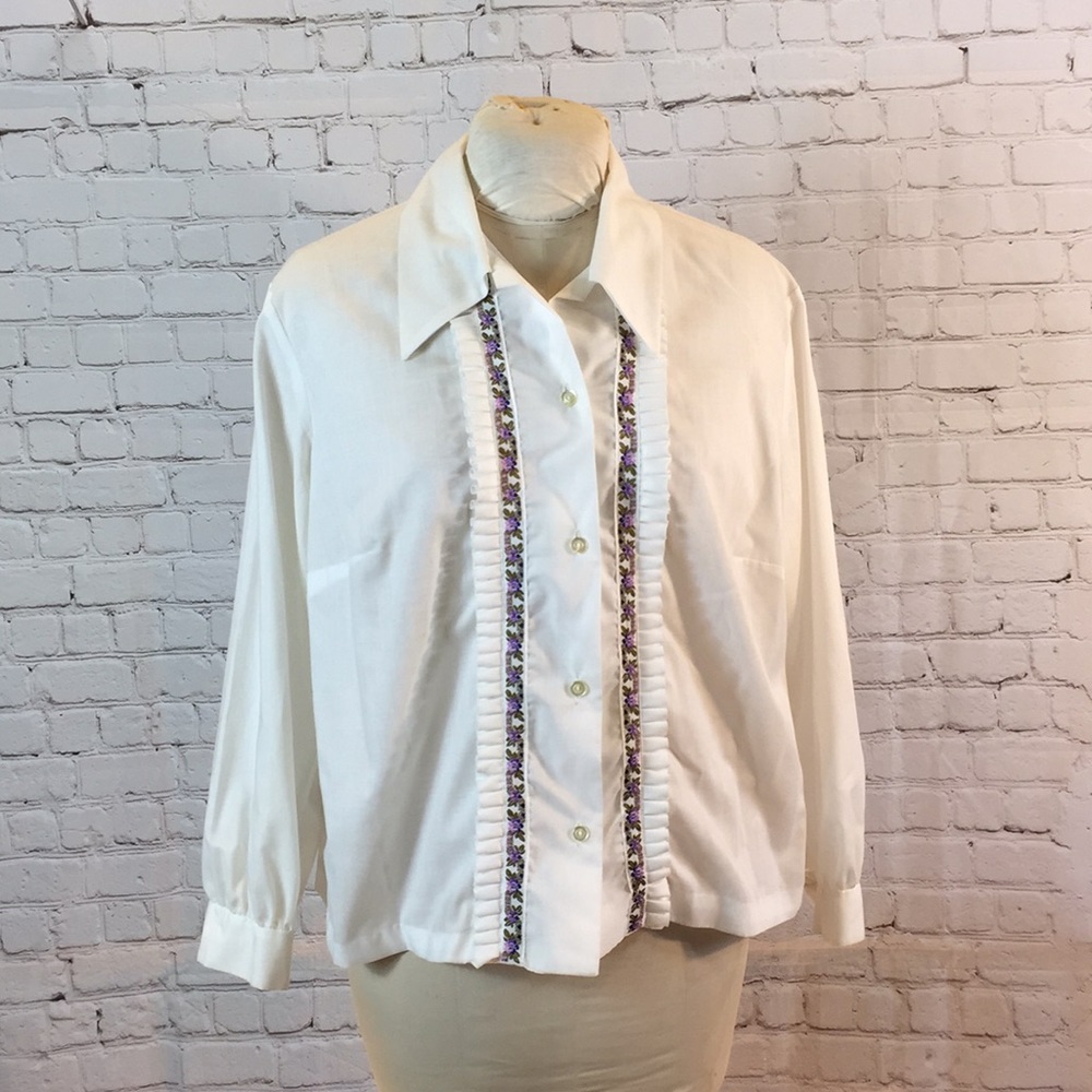 Hand made Button Down Blouse White Ruffle Front Trim Long Sleeve XL